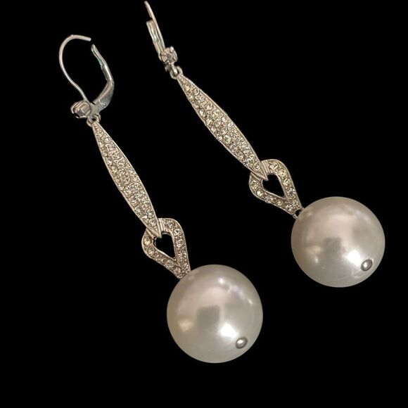 Unbranded Jewelry - Vintage Earrings Germany Dangle Pierced Simulated Pearl Clear Rhinestones